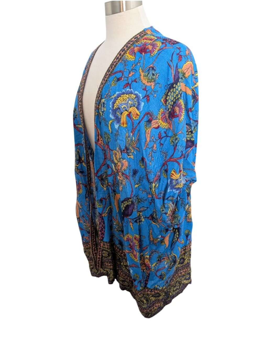 JM Collection Womens Linen Blend Aqua Floral Kimono Cardigan Size S - Picture 5 of 15